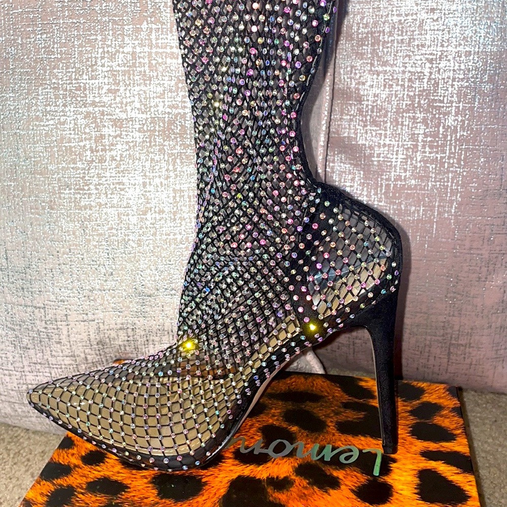 ANKLE SOCK BOOTIE IN BLACK FISHNET w/ RHINESTONES